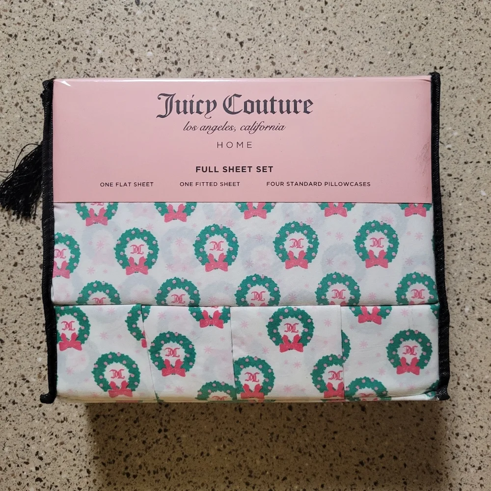 Juicy Couture FULL Sheet Set White JC Monogram Wreath Print Holiday Winter Y2K